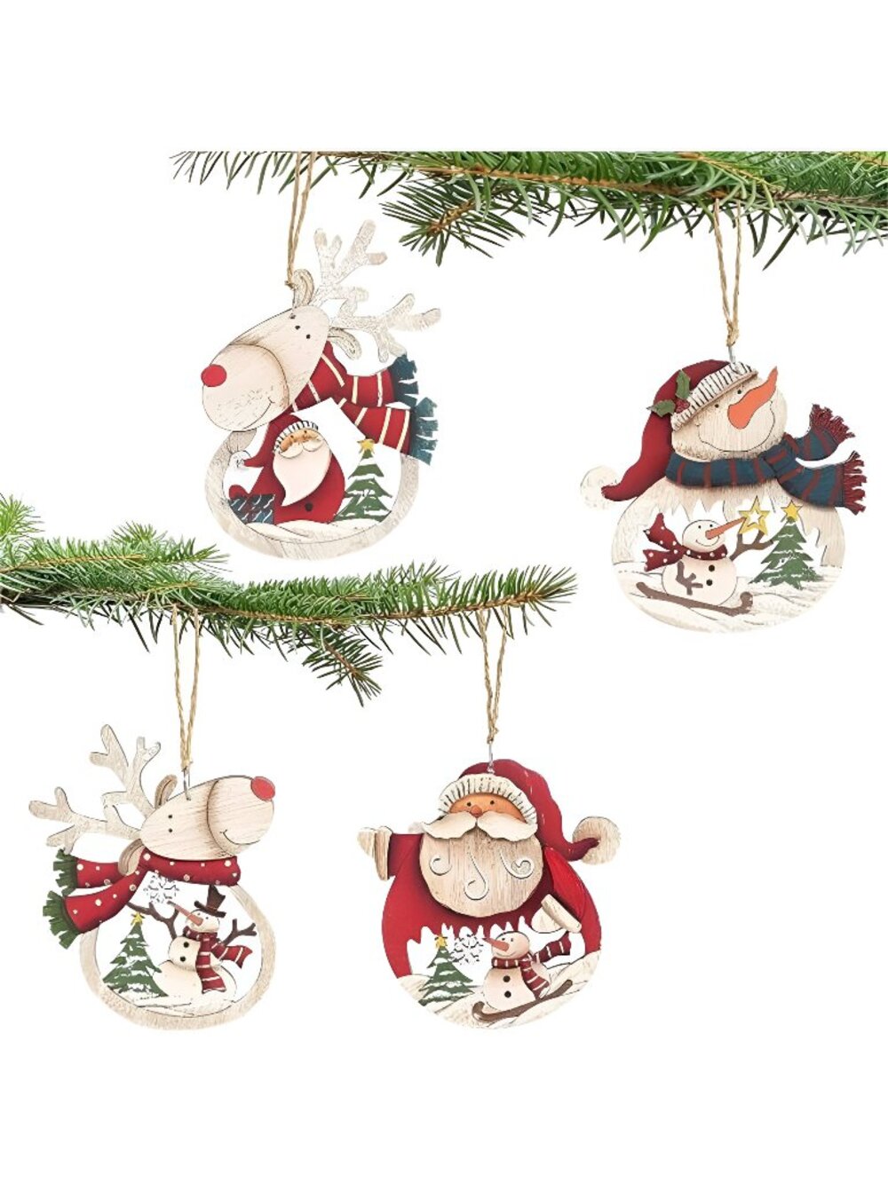 Christmas Ornaments Set for Xmas Tree, Retro Hanging Decorations, Wooden.